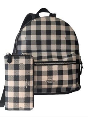 Coach CHARLIE GINGHAM PRINT BLACK/SILVER Backpack & Lg Continental Wallet